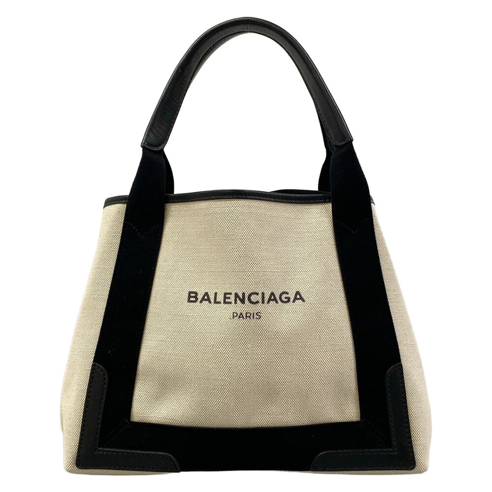 Balenciaga Navy Cabas S Tote Bag 339933 Cream Black Canvas Leather